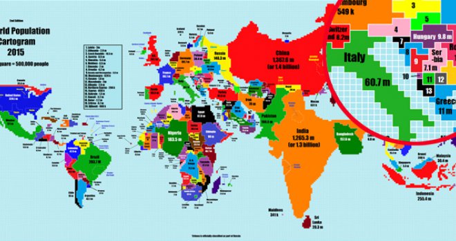 Evo kako bi izgledala karta svijeta da je veličina država razmjerna broju stanovnika