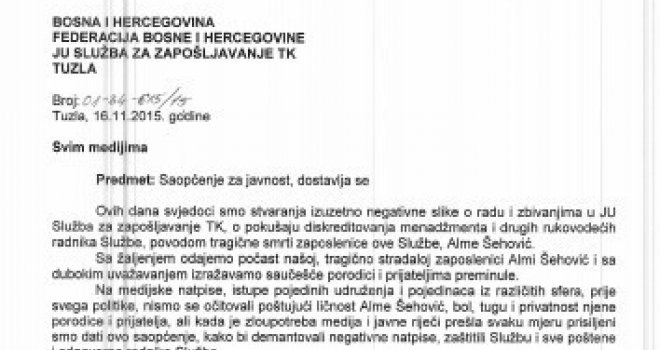 JU Služba za zapošljavanje TK reagovala povodom samoubistva Alme Šehović: Evo šta su poručili