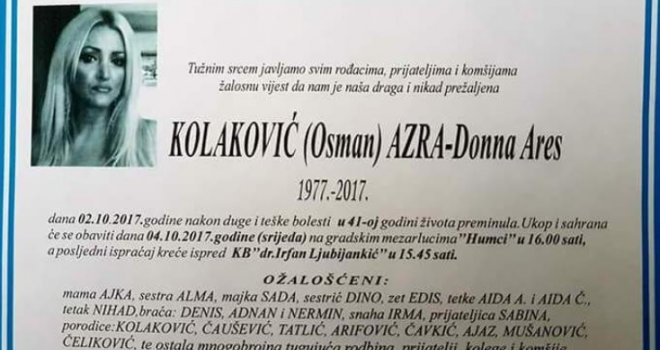 Odlazak Donne Ares: U srijedu sahrana hrabre Bišćanke Azre Kolaković 