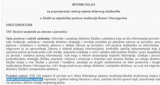 Može novinar, a može i stočar - svejedno: Skandalozan konkurs za stručnog savjetnika u državnoj službi BiH!