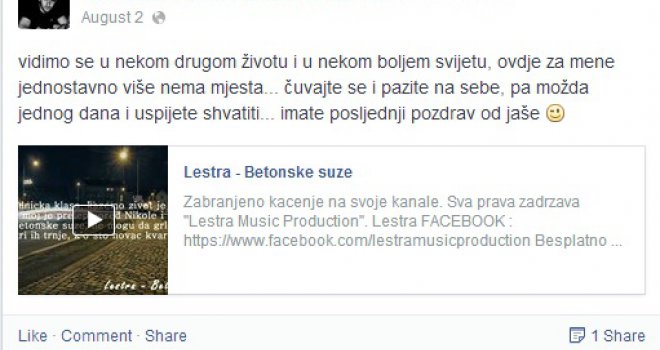 Napisao oproštajnu poruku na Facebooku, pa sebi oduzeo život!