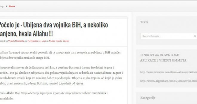 Vijestiummeta ponovo slave: 'Ubijena dva vojnika BiH, a nekoliko ranjeno, hvala Allahu'