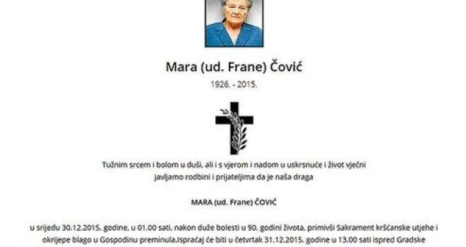 Preminula majka predsjedavajućeg Predsjedništva BiH Dragana Čovića