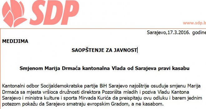 Kantonalni odbor SDP-a BiH: Smjenom Marija Drmaća kantonalna Vlada od Sarajeva pravi kasabu!