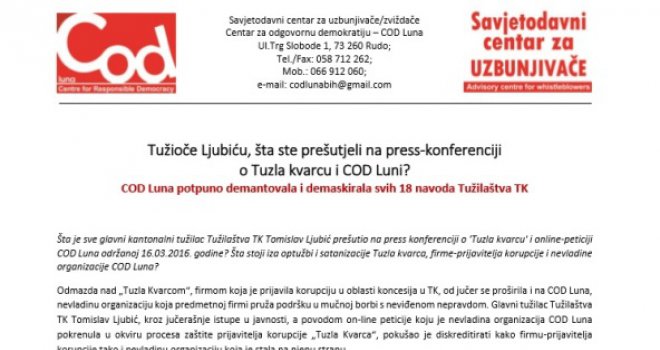 Odmazda 'po zakonu': Šta je sve tužioc Ljubić prešutio na press konferenciji o 'Tuzla Kvarcu' i COD Luni?!