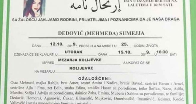 Goražde zavijeno u crno: Poznato vrijeme dženaze Sumeje Dedović koja je ubijena u Sarajevu 
