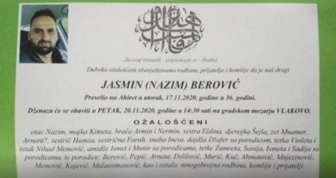 Poznato vrijeme i mjesto dženaze Jasminu Beroviću