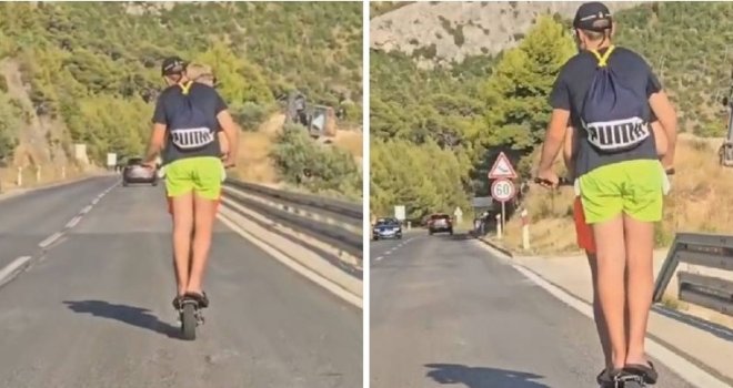 Strašan snimak sa Jadrana: Dvoje djece na električnom romobilu juri magistralom kod Makarske...